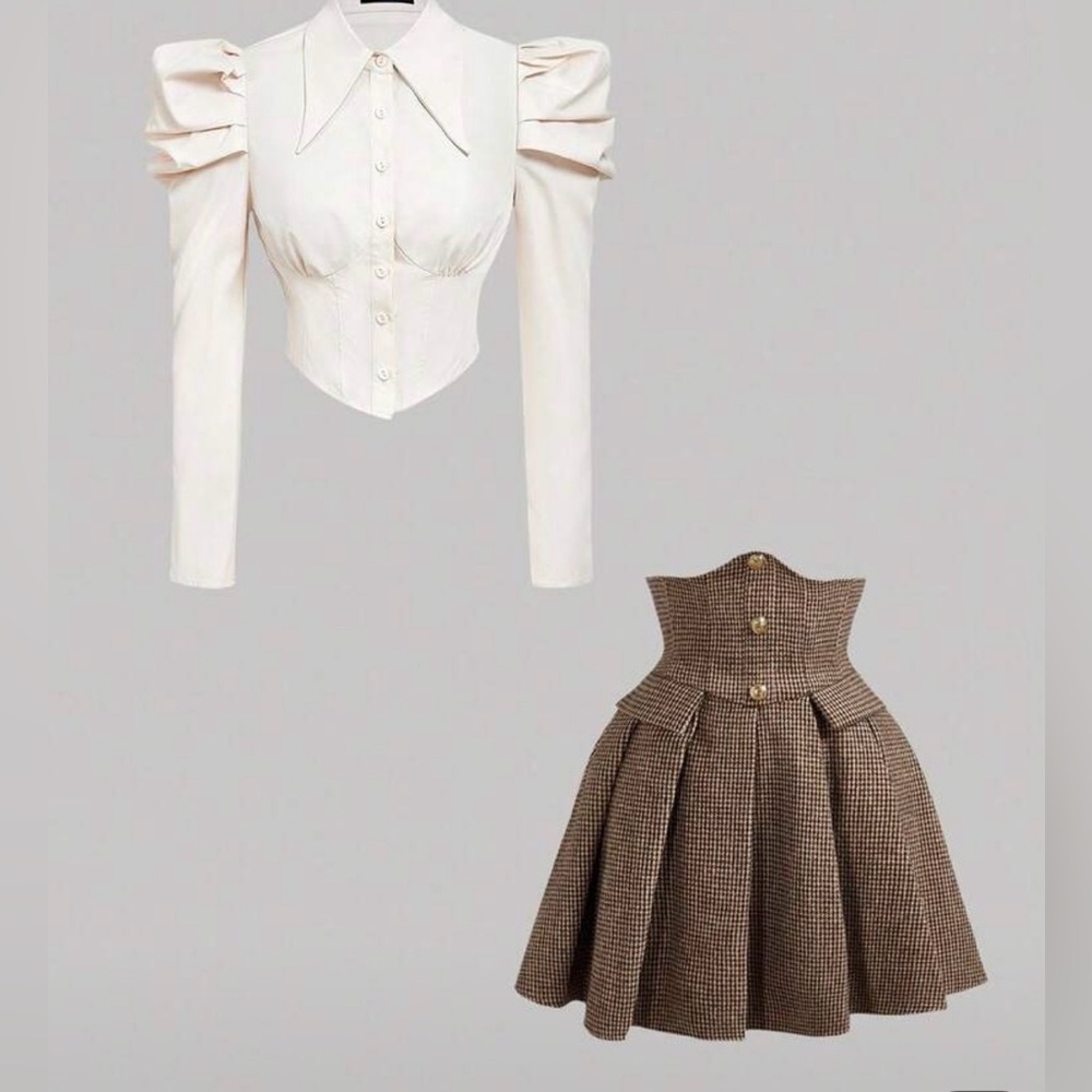High-Waist Brown Houndstooth Pleated Skirt & Blouse Two Piece Set